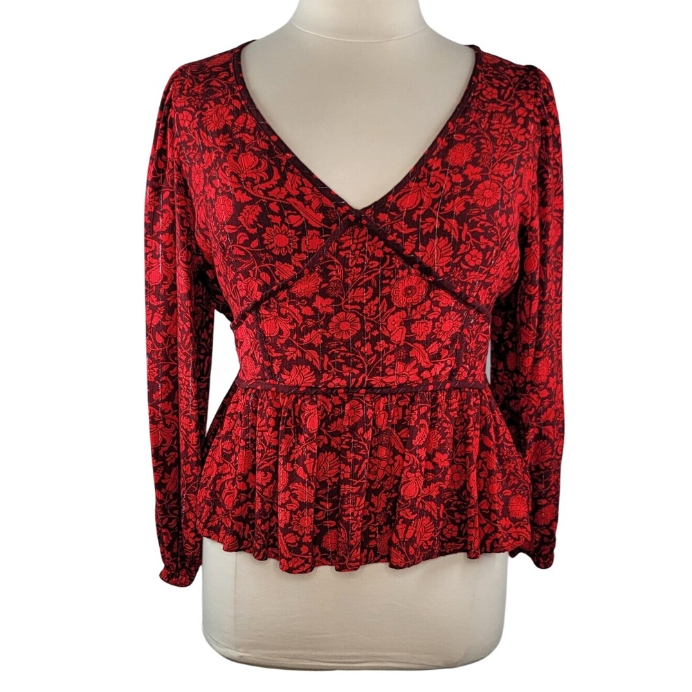 Knox Rose  Red Floral V-Neck Peplum‎ Boho Top